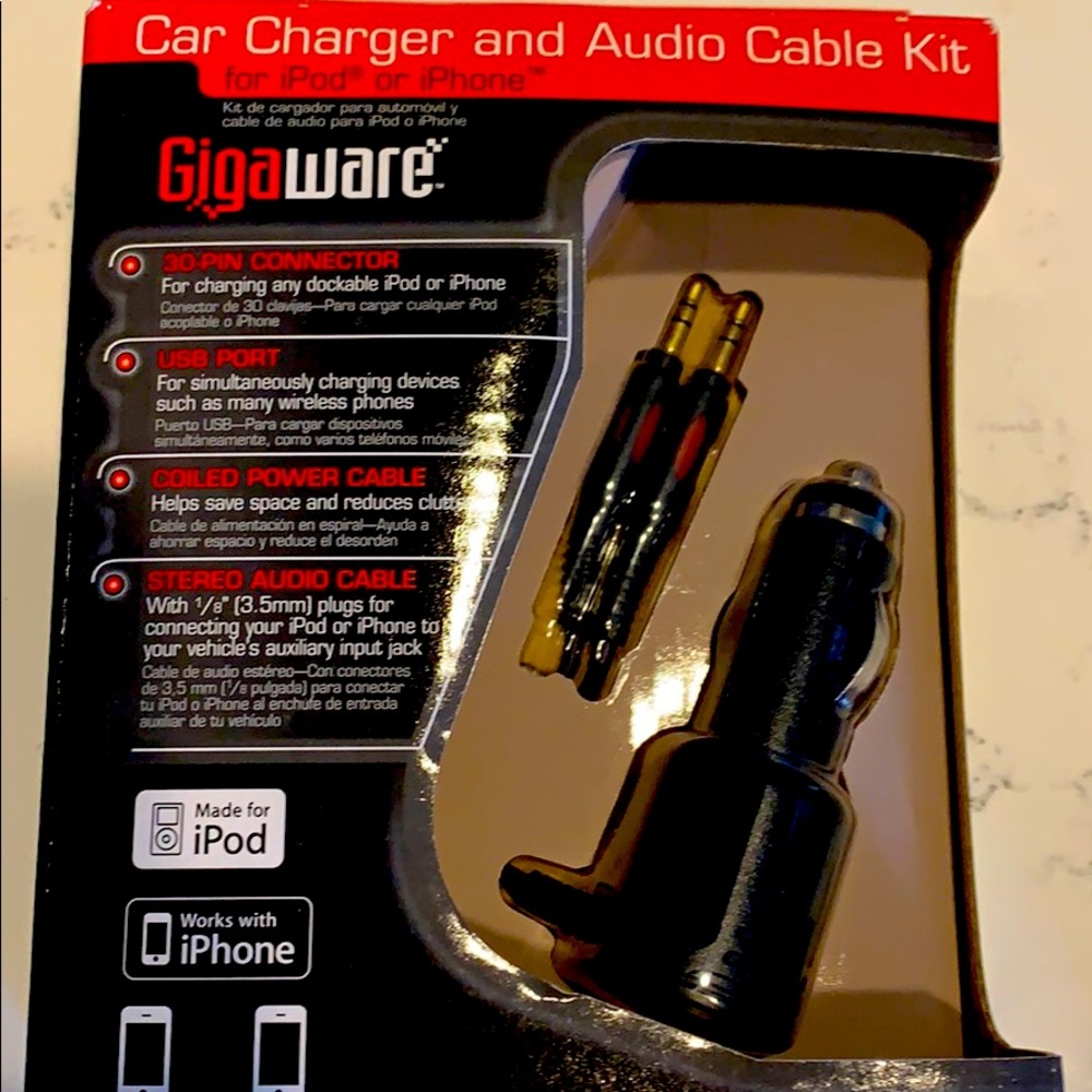 Gigaware car charger and audio cable kit